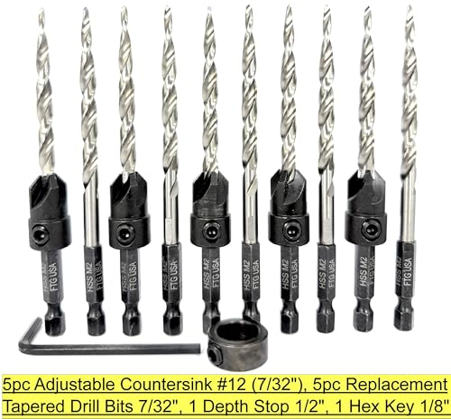 FTG USA 5 Pc #12 (7/32") Countersink Drill Bit Set with 5 Replacement Bits - size: #12