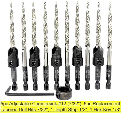FTG USA 5 Pc #12 (7/32") Countersink Drill Bit Set with 5 Replacement Bits - size: #12