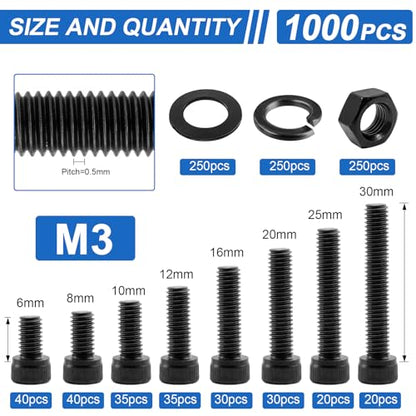 1000Pcs UIETUIL M3 Hex Socket Head Cap Screws Kit, M3x6-30mm, 12.9 - size: M3 Cap 12.9 - 1000PCS