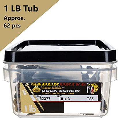 #10 x 3 Saberdrive Tan XL1500 Coated Exterior Star Drive Multi-Purpose Deck Screws 1 LB, Approx. 62 Pieces - size: #10 x 3" 1lb, style: 1 LB