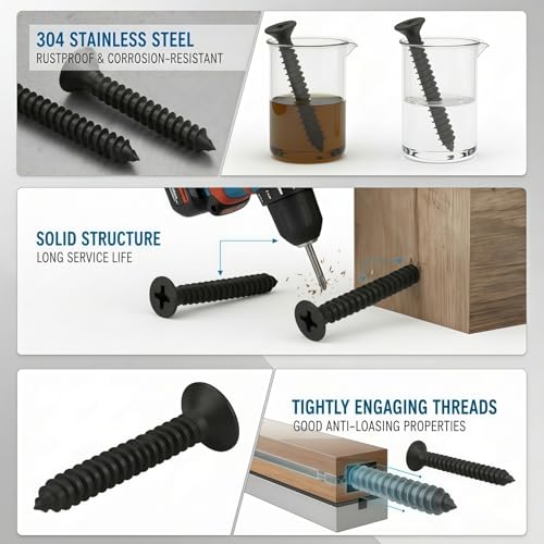 #4 x 1/4 [100 Pack] Flat Head Phillips Drive Self Tapping Screws, Sheet Metal Screws, Black Oxide, 304 Stainless Steel (18-8), Corrosion Resistant Screw for Wood, Sheet Metal and More - size: #4 x 1/4