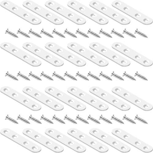 24 Pack Flat Brackets White Straight Braces 3 Inch Stainless Steel Mending Plates, Heavy Duty Repair Fixing Joining Metal Strip for DIY, Wood, Furniture, with Screws - size: White 3in x 0.63in Straight