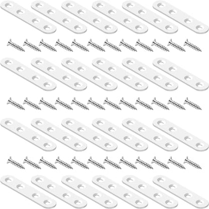 24 Pack Flat Brackets White Straight Braces 3 Inch Stainless Steel Mending Plates, Heavy Duty Repair Fixing Joining Metal Strip for DIY, Wood, Furniture, with Screws - size: White 3in x 0.63in Straight