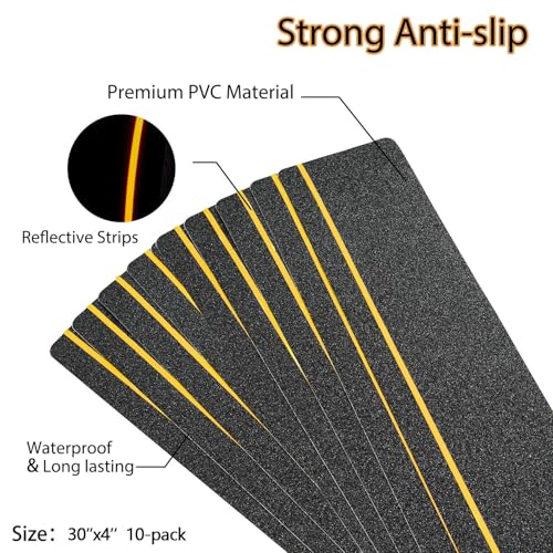 COSIMIXO 4" x 30" 10Pack Anti Slip Stair Tread with Reflective Strips,Best Grip Non Skid Tape,Anti-Skid Tape, High Traction Adhesive for Stairs Step - size: 4" x 30" 10-Pack