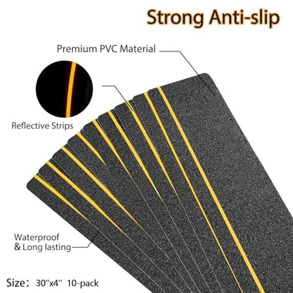 COSIMIXO 4" x 30" 10Pack Anti Slip Stair Tread with Reflective Strips,Best Grip Non Skid Tape,Anti-Skid Tape, High Traction Adhesive for Stairs Step - size: 4" x 30" 10-Pack