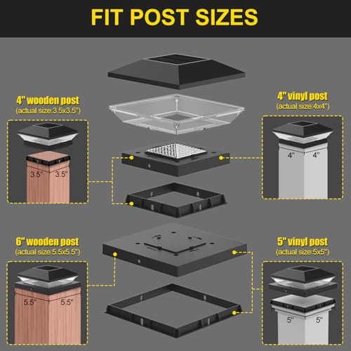 T-SUN Solar Post Cap Lights 6 Pack, RGBCW Fence Post Solar Lights Black - color: Black-RGBCW, size: 6 Pack