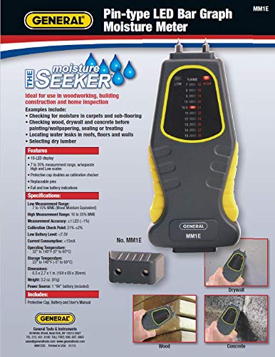 General Tools MM1E Moisture Meter, Pin Type, LED Bar Graph