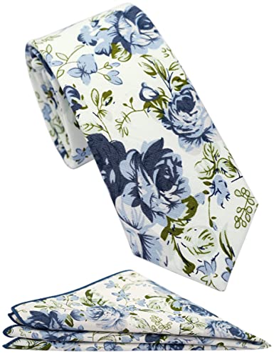 Cotton 2.5-Inch Skinny Floral Tie and Pocket Square Set for Men - color: Cyan
