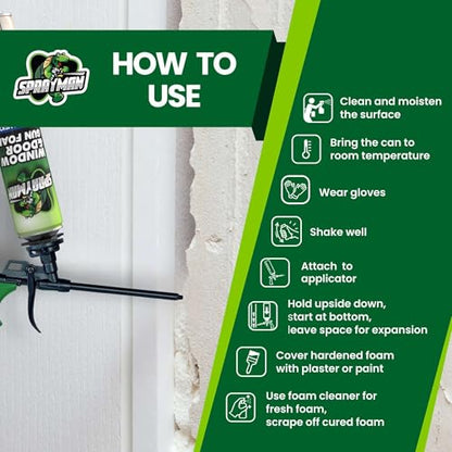 Sprayman Window & Door Expanding Spray Foam - (12x24oz) Low Expansion Polyurethane Spray Foam for Doors, Windows & Walls, Gun Use & Reuseable, Gun&Cleaner NOT Included - 12 Pack - size: 12 Pack, style: Pack
