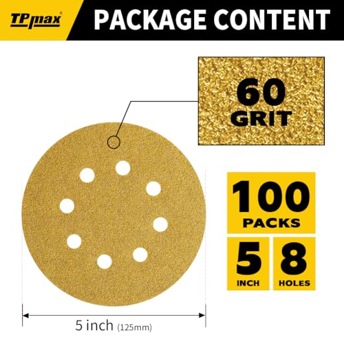 100PCS 5 Inch 60 Grit 125mm 8 Hole Sanding Discs Sandpaper - Premium Gold Round Hook and Loop for Random Orbital Sander - Ideal for Wood, Metal, Automotive - style: 60 Grit - 100 Pack