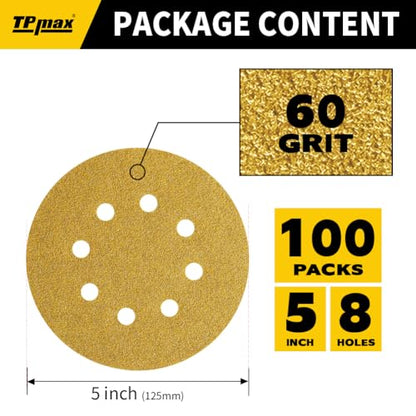 100PCS 5 Inch 60 Grit 125mm 8 Hole Sanding Discs Sandpaper - Premium Gold Round Hook and Loop for Random Orbital Sander - Ideal for Wood, Metal, Automotive - style: 60 Grit - 100 Pack