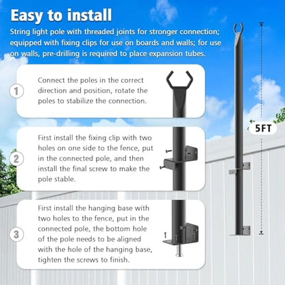 NUERPO String Light Poles,Metal Poles for Hanging Outdoor Light Strings, Light Poles Stand for Outside Garden,Patio,Wedding,Backyard,Deck,Party (10 Pack 5FT String Light Poles) - size: 10 Pack 5FT String Light Poles