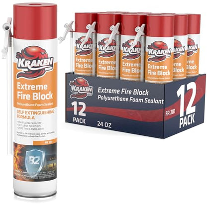 Kraken Bond Extreme Orange Fire Block Foam - (12x24oz) Fire Rated Polyurethane Spray for Gap Filling, Sealing on Windows, Walls, Joints & Pipes, Straw Use High Expansion Fire Proof Foam - 12 Pack - size: 12 Pack