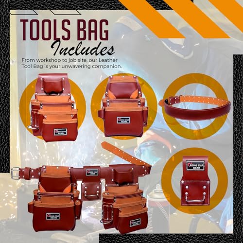 Rising Star Wears Genuine Leather Tool Belt Pouch, 22-Pocket Maroon Tool Bag - color: Maroon