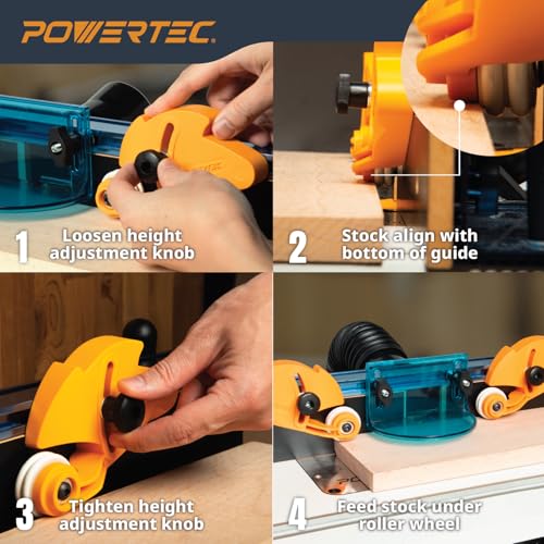 POWERTEC Adjustable Roller Stock Guide, One Way Bearing Stock Feeder Tool - Reduce Kickback & Increase Shop Safety - For Table Saw, Router Tables, Band Saws, Auxiliary Fence w/T-Slot Mount (71935) - style: Roller Stock Guide