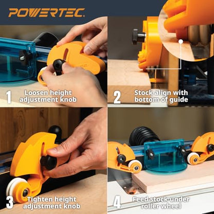 POWERTEC Adjustable Roller Stock Guide, One Way Bearing Stock Feeder Tool - Reduce Kickback & Increase Shop Safety - For Table Saw, Router Tables, Band Saws, Auxiliary Fence w/T-Slot Mount (71935) - style: Roller Stock Guide