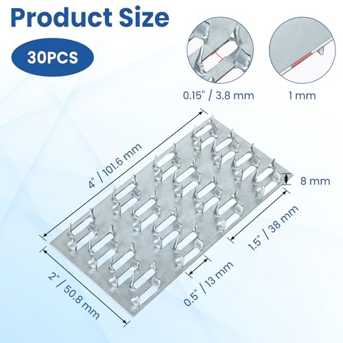 30 Pack Truss Plates, 4" x 2" Pronged Truss Mending Plate with Nail Teeth, Galvanized Steel Repair Tie Plate Bracket for Roofting Truss Wood Timber Connector - size: 4" x 2"