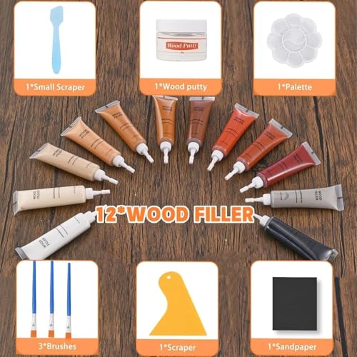 Wood Repair Kit for Wood Scratch Repair and Laminate Floor Scratch Repairs 12 Colors Filler Putty Paste to Fix Scratches Cracks Holes on Hardwood Laminate Vinyl Furniture Table Door Cabinet