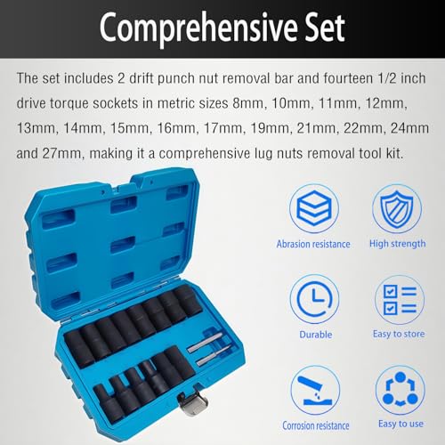 16PCS Twist Lug Nut Socket Set, 1/2" Drive Bolt Nut Extractor Tool - color: 16pcs Lug Nut Extractor 1/2 Inch Drive