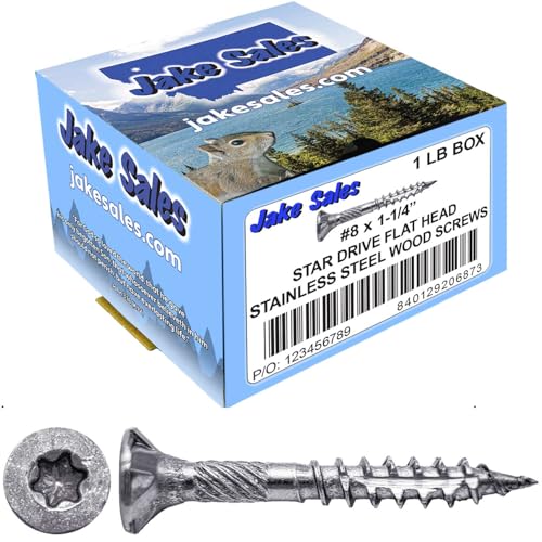 Jake Sales #8 x 1-1/4" Silver Star Stainless Steel Wood Screw Torx/Star Drive Head - 300 Grade Stainless Steel (1 Pound - 230 Approx. Screw Count) - color: STAINLESS STEEL, size: 8x1-1/4"