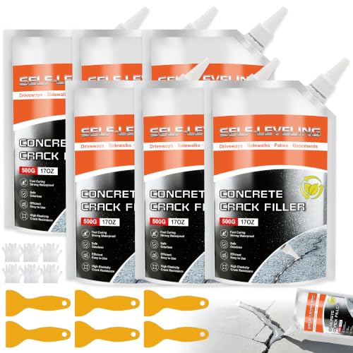 Self Leveling Concrete Crack Filler 6 Pack – High Elasticity, Waterproof & Quick Drying, Professional Grade Crack Sealant for Driveway, Patio, Walkway, Slab, Joint, Indoor & Outdoor, Grey - size: 105 OZ(Pack of 6)