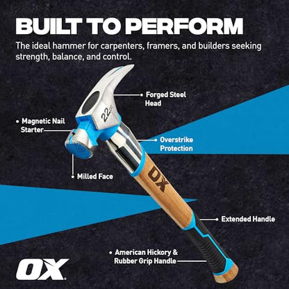 OX 22 oz Framing Hammer Milled Face with Rubber Grip Wood Handle Hammers with American Hickory - Claw Martillos De Construccion - style: 22-oz Hammer + Steel shaft & Grip