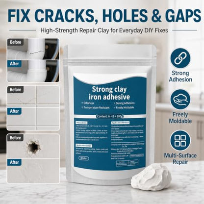 High-Strength Multi-Purpose Repair Clay, Strong Clay Iron Adhesive for Pipe Leaks, Tile Cracks, Wall Holes, Metal, Plastic, Ceramic, Wood, Glass, Kitchen Bathroom Garage DIY Repair, 3.52oz (1, 1) - color: 1