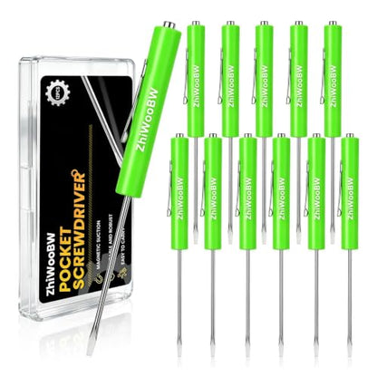12 Pcs Green Pocket Screwdriver Magnetic Mini Slotted Flathead - color: Green