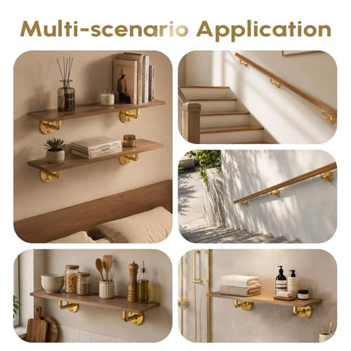 304 Stainless Steel Handrail Brackets for Indoor Stairs, 270° Adjustable Railing Bracket, Heavy Duty Wall Mount for Square & Flat Rail (Gold, 4 Pack) - style: Gold - 4 Pack
