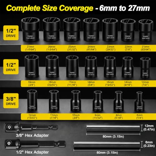 Topec Bolt Extractor Kit 24 Pieces, 3/8'' 1/2'' Drive Lug Nut Extractor Set - size: 24-piece