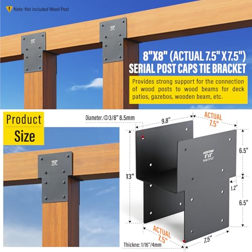 Aecxm 8"x8" (Actual 7.5"x7.5") Heavy Duty Post Caps Tie Brackets for Wood, Deck Post to Beam Connector Bracket（Serial Post） 3Pack - size: Series 8"×8"(Actual 7.5"×7.5")