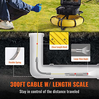 VEVOR Sewer Inspection Camera, 300 ft/91.5 m, 9" Pipeline Camera w/DVR & 512Hz Locator, IP68 Waterproof, 12 LEDs, 16 GB SD Card for Sewer, Drain & Duct Pipe Plumbing - size: 300ft/91.5m, style: 9" Screen with 512Hz Locator