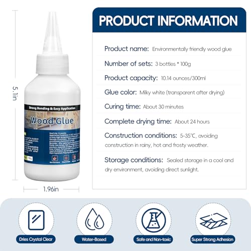 Wood Glue, 10.14fl.oz Wood Glue for Furniture Heavy Duty, Waterproof Clear PVA Glue for Woodworking, Crafts, Furniture Assembly, Baseboard, Repair, Cabinets, Door