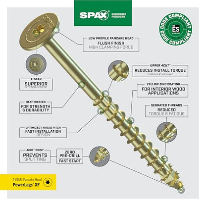 SPAX 1/4" x 2-1/2" Powerlags XF Interior Pancake Head Structural Wood Lag Screws (50 pcs) T40 T-Star Yellow Zinc Heavy Duty Framing Load-Bearing Construction Projects - size: 1/4" x 2-1/2"