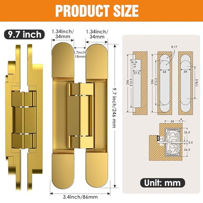 9.7" Hidden Door Hinge/Concealed Hinges,Invisible Hinges - color: Gold, size: 9.7 inches