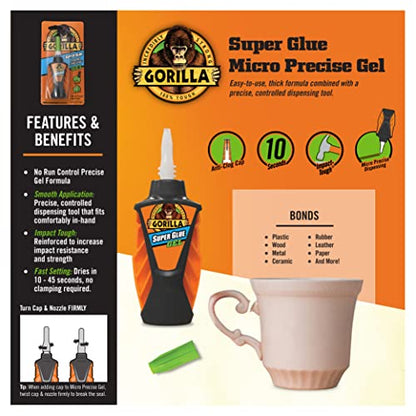Gorilla Micro Precise Super Glue Gel, Cyanoacrylate Glue, Fast Setting, Precise Dispensing Tool, Anti-Clog Cap, Clear, 5.5g, (Pack of 3) - size: Pack of 3, style: Gel