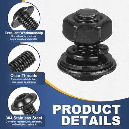 M METERXITY 10 Set M6 x 8mm Flanged Button Head Socket Cap Screws, Black 304 Stainless Steel 18-8 Hex Socket Head Screws Bolts, Nuts, Flat & Lock Washers for DIY, Furniture, Automotive - size: M6 x 8mm