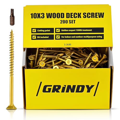 #10 x 3’’ Wood Screws by Grindy (200pack/3.3LBS) – Self-Drilling Deck Screws I Rust Resistant I Quick Drive & Fast Grip I for Cabinet, Furniture & Other Projects I T25 Star Drive I Bit Included - color: Golden Ruspert, size: #10 x 3"