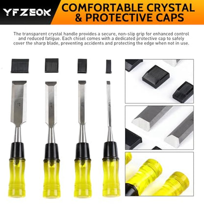 Wood Chisel Sets，4-Piece Woodworking Tools Set, CR-V Steel Beveled Edge Blades with Safety Caps. Durable PVC High Impact Handle, for Precision Carving & DIY Projects (1/4", 1/2", 3/4", 1")