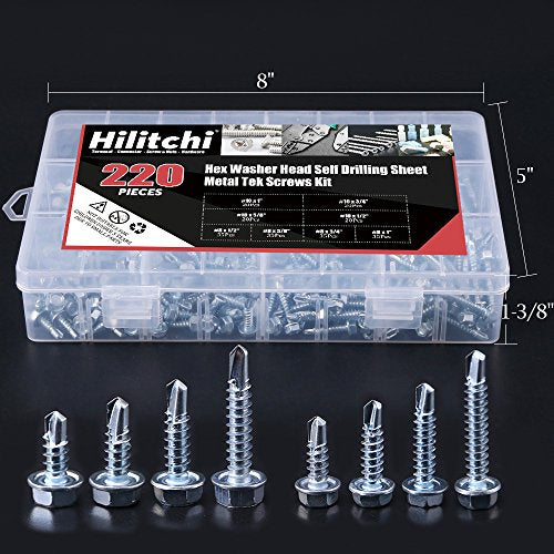 Hilitchi 220-Pieces Zinc Plated Hex Washer Head Self Drilling Sheet Metal Tek Screws Assortment Kit - style: Hex Washer Head