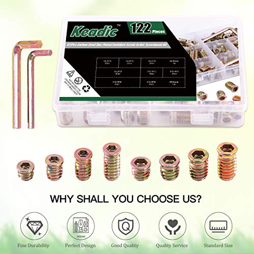 Keadic 120Pcs 1/4"-20 5/16"-18 Nut Inserts Assortment Kit with M6 M8 Internal Hex Tool, Furniture Screw in Nut Threaded, Wood Inserts, Bolt Fastener Connector Hex Socket Drive for Wood Furniture