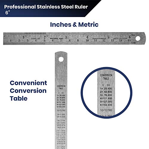 Pacific Arc 6 Inch Stainless Steel Ruler with Inch/Metric Conversion Table - style: 6 In