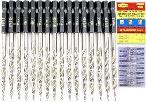 FTG USA 16pc #8(11/64") Replacement Tapered Countersink Drill Bit Hex Shank - size: #8, style: 16 Piece Same Size