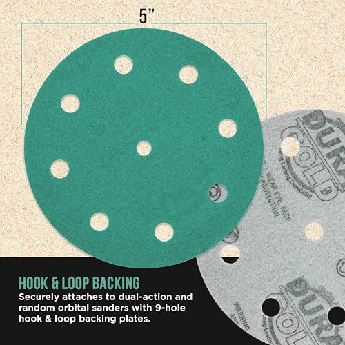Dura-Gold 120 Grit 5" Green Film Sanding Discs, 9-Hole Pattern, Box of 50 - style: 120 Grit