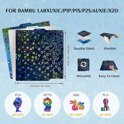 Smooth PEH Holographic Effect Plate for Bambu Lab X2D/P2S/A1/X1C/X1/X1E/P1S/P1P, Double Sided Plate Sweetheart+Waterdrop Flexible Build Plate 257x257mm for Bambu 3D Printers - color: PEH(Sweetheart+Waterdrop)