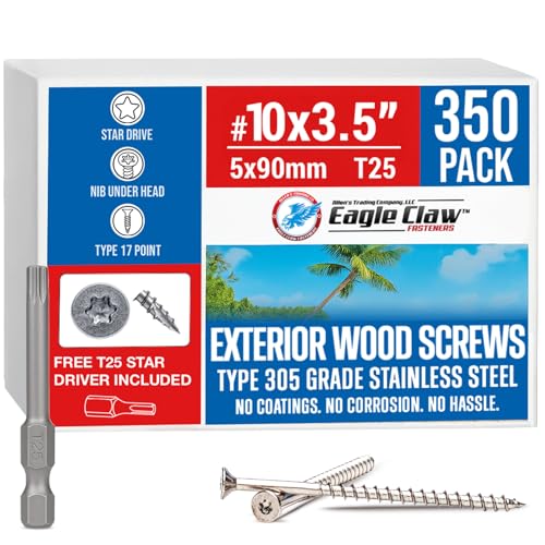 #10 x 3 1/2 Inch Stainless Steel Deck Screws | 305 Grade (350 Pack) | Flat Head T25 Star Torx Drive | Stainless Steel Screws by Eagle Claw Fasteners | Corrosion & Rust Resistant (Includes Driver Bit) - size: #10 x 3.5"