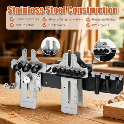 08359 Stainless Steel Dowel Jig Kit, Precision Woodworking Doweling Jig with 90 Degree Angle Bracket, 1/4" 3/8" 1/2" Dowel Hole Drilling Guide Locator for Furniture Cabinet Joinery DIY Wood Projects