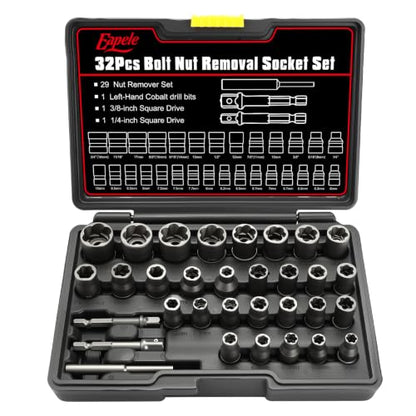 Eapele Bolt Extractor Set, Stripped Nut Remover Twist Sockets, Fit 3/8" Square Drive with Solid Storage Case (32pcs, Black) - size: 32pcs