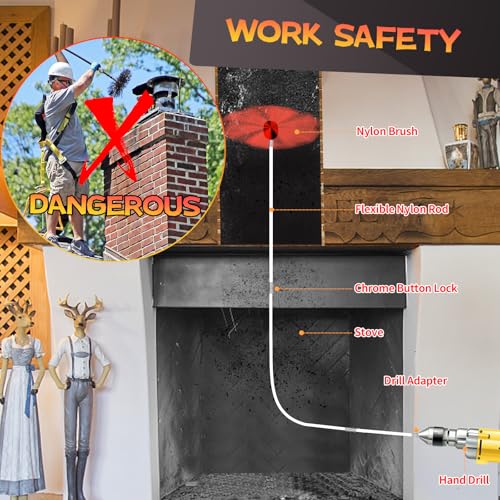 30 Feet Chimney Sweep Kit, Chimney Cleaning Kit with 9 Flexible White Chimney Rods, Chimney Brush for Sweeping Fireplace, Rotary Chimney Cleaning System Driven by Drill - size: 30 Feet