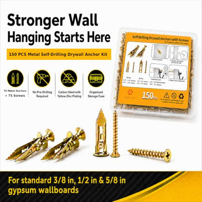 Jyphorixal 150Pcs Self Drilling Drywall Anchors with Screws Kit,Zinc Plated Steel,2 Sizes Expansion Screws and 2 Sizes Wall Anchors, Easy Application No Drill or Holes in Wall. - size: Yellow 150Pcs 2Size kit